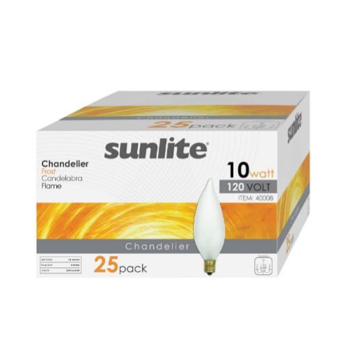 25-Pack Sunlite Flame Tip 10W Incandescent Petite Chandelier Light Bulb Via Amazon