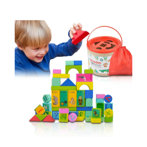 60 Pieces Educational Wooden Building Blocks Set Via Amazon