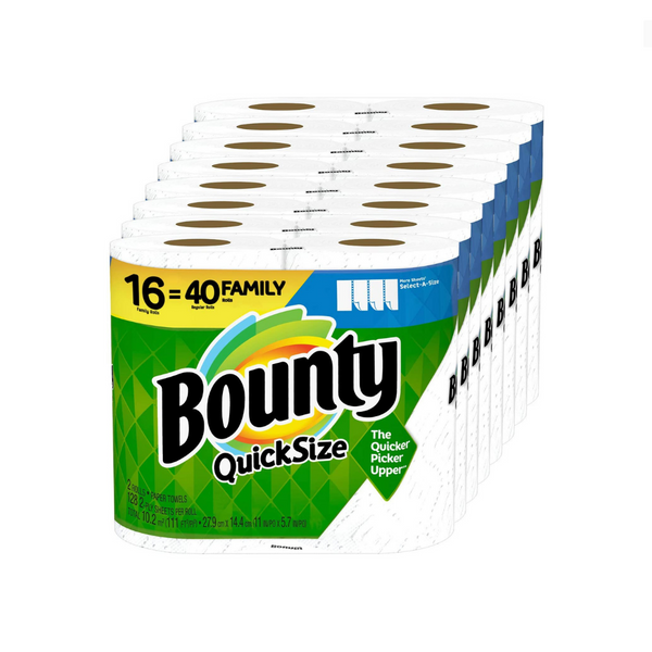 16 Family Rolls = 40 Regular Rolls Of Bounty Paper Towels via Amazon