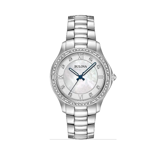 Bulova Ladies' Stainless Steel Watch with Crystals and Mother-of-Pearl Dial Via Amazon