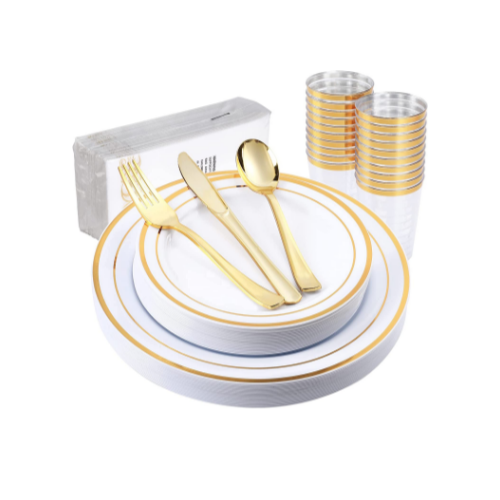 Gold and White Disposable Dinner Set 20 Guest, 140 Pcs Via Amazon