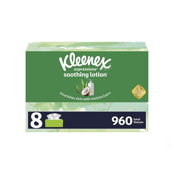 8 Boxes of Kleenex Expressions Soothing Lotion Facial Tissues Via Amazon