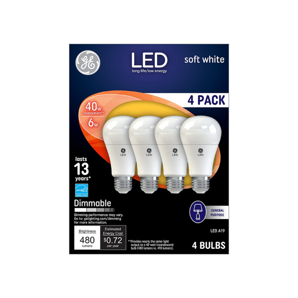 4-Pack GE LED Light Bulbs, Dimmable Via Amazon