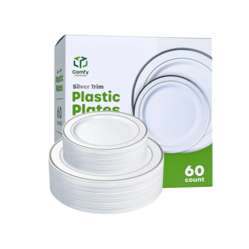 60-Piece Combo Silver Trim Plastic Plates