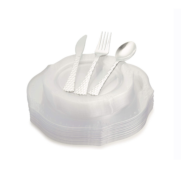 100 Piece Elegant Clear Disposable Plastic Plates & Plastic Silverware Set
