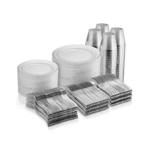 600 Piece Silver Dinnerware Set Via Amazon