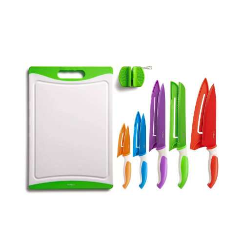 5 Colorful Kitchen Knife Set, Cutting Board, & Sharpener Via Amazon