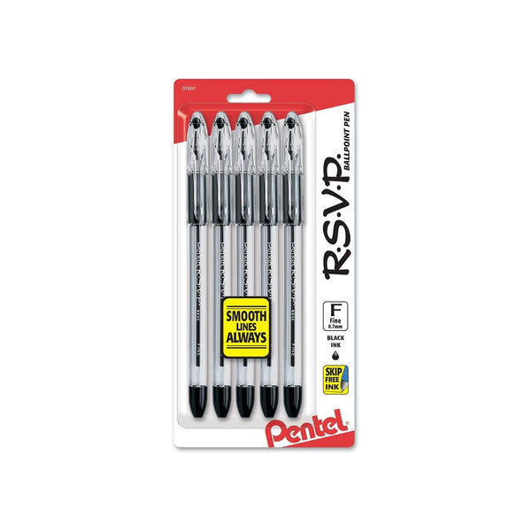 Pentel R.S.V.P. Ballpoint Pen, Fine Line, Black Ink, 5 Pack via Amazon