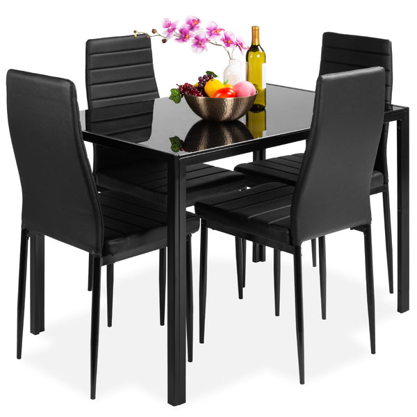 5-Piece Kitchen Dining Table Set w/ Glass Tabletop, 4 Faux Leather Chairs Via Walmart