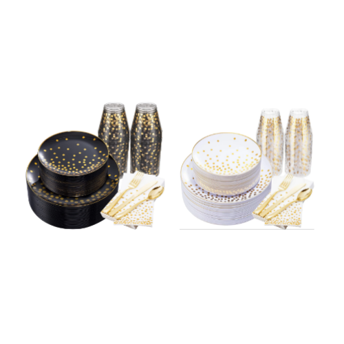 350 Piece Plastic Gold Dinnerware Set Via Amazon