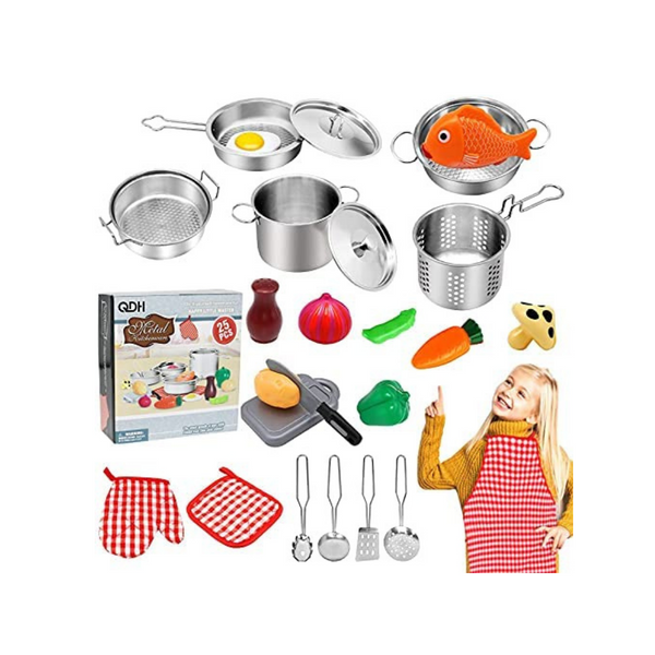 Pretend Play Stainless Steel Cookware Pots and Pans Via Amazon