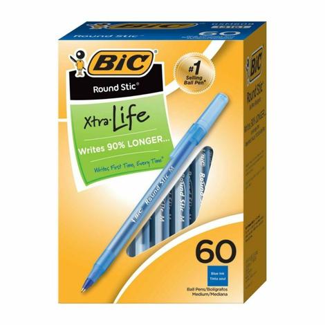 60 Count BIC Round Stic Xtra Life Ballpoint Pen, Medium Point Via Amazon